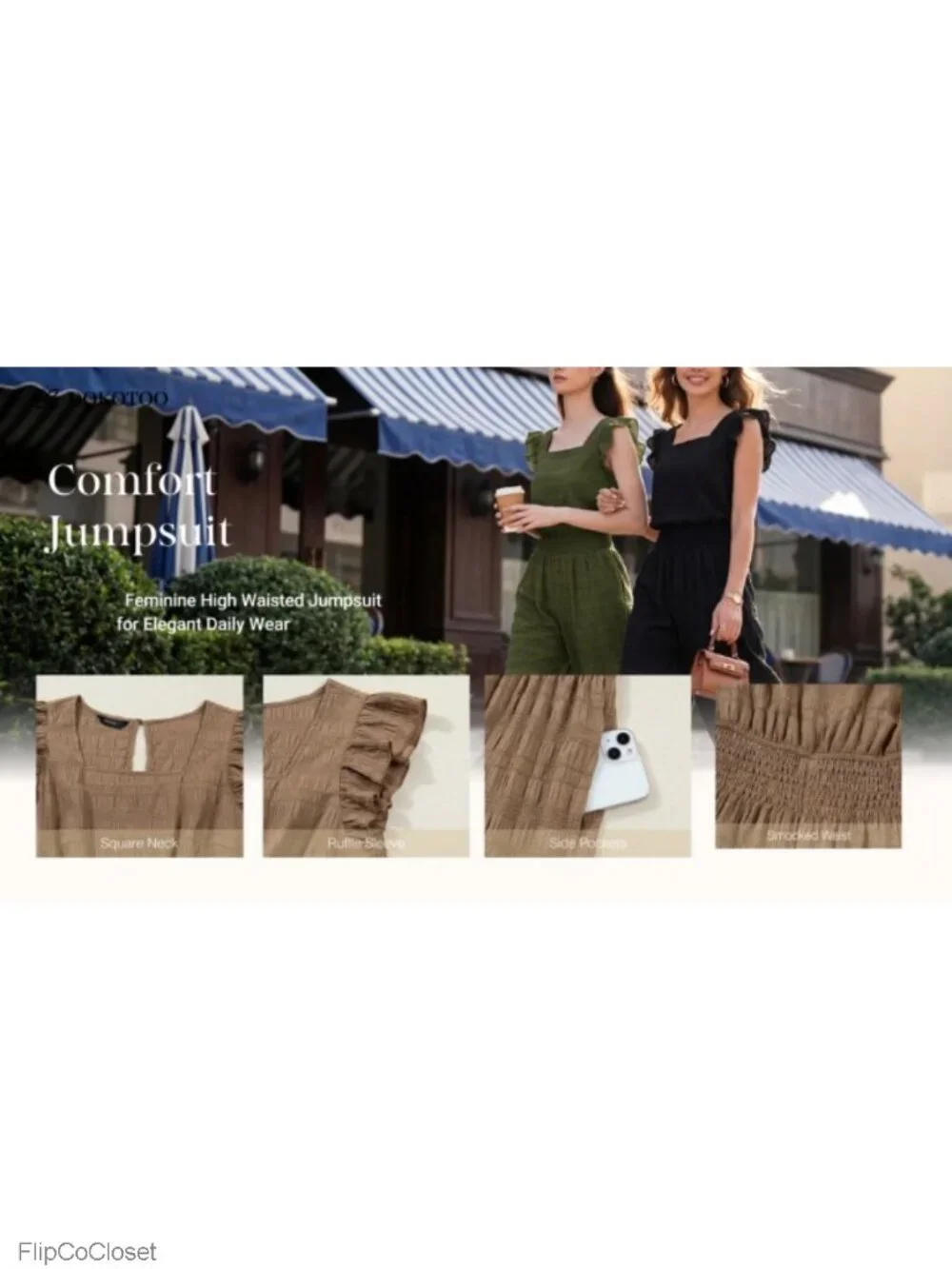 Womens Casual Loose One Piece Jumpsuit Square Neck Wide Leg Smocked Waist Short